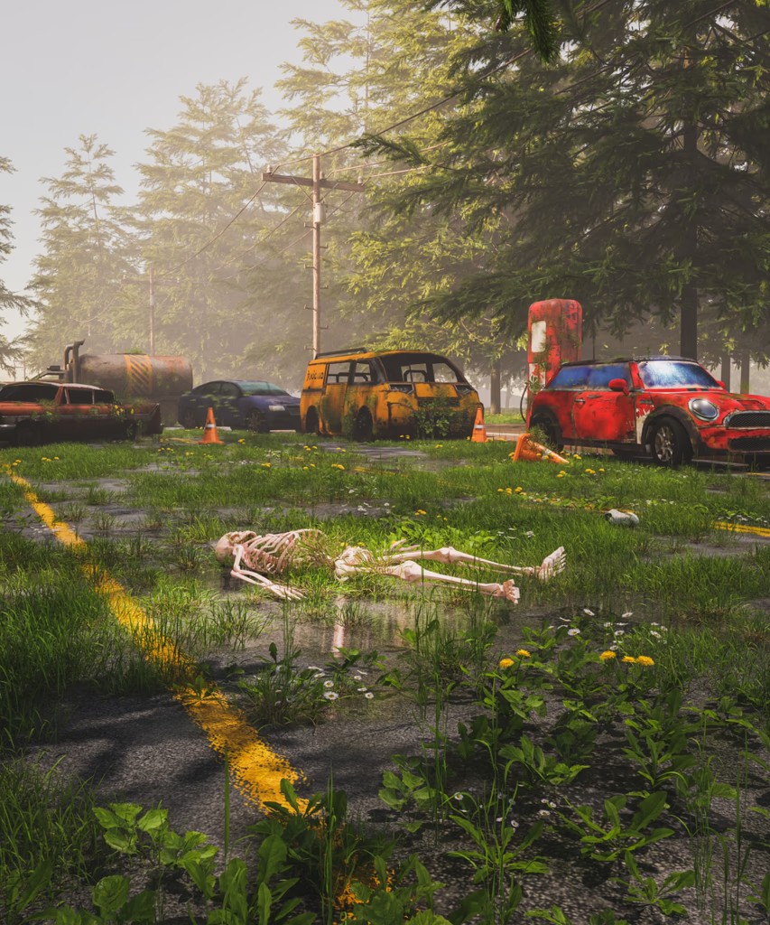 Post-apocalyptic parking lot with abandoned rusted cars, wildflowers, and a skeleton on cracked asphalt