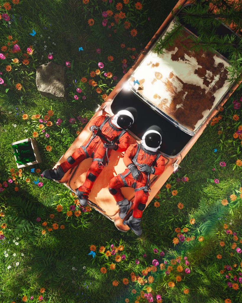Two astronauts in orange suits lying on the hood of a rusted vintage car in a wildflower meadow, viewed from above