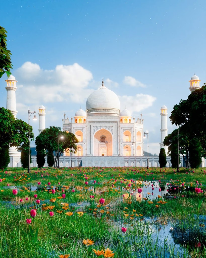 White marble temple with golden interior light, surrounded by flower meadows and reflecting pools