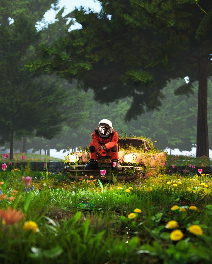 Figure in an orange flight suit with a skull visible in the helmet, seated on a vine-covered rusted car in a forest meadow