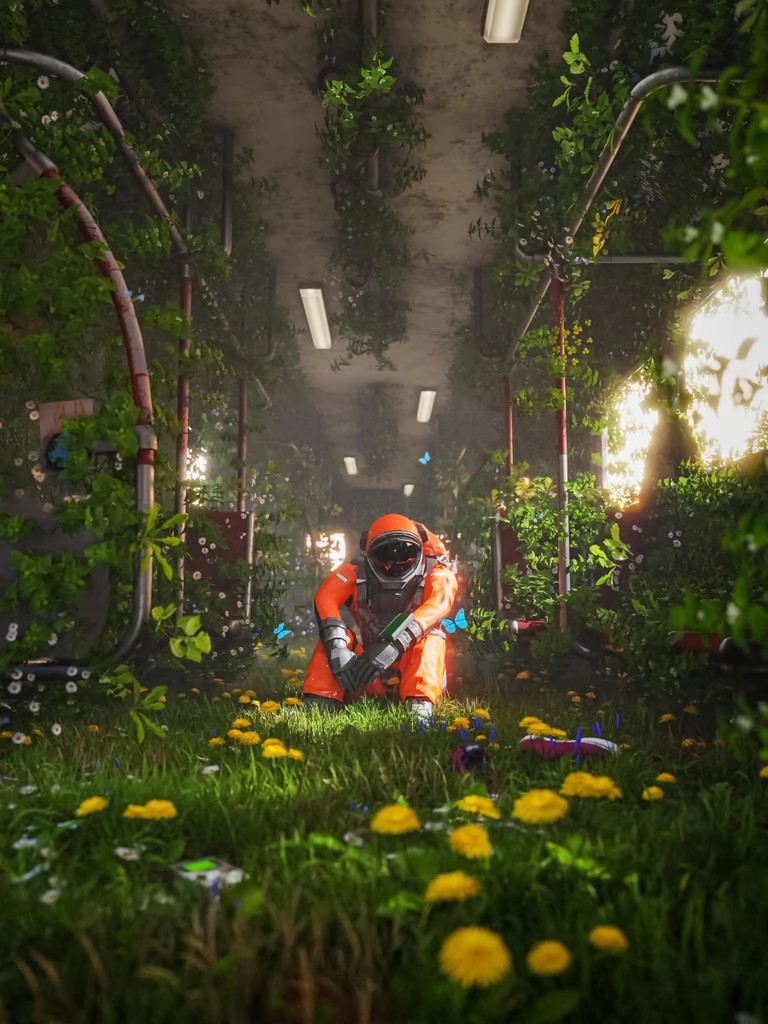 Figure in an orange protective suit inside a subway car reclaimed by grass, flowers, and vines