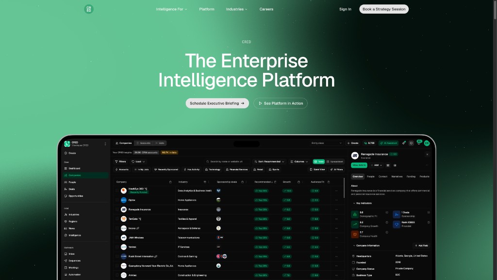 CRED enterprise intelligence platform homepage and dashboard